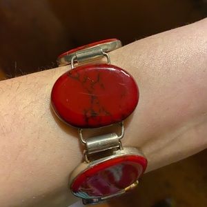 Red Coral and 925 Sterling Silver Bracelet